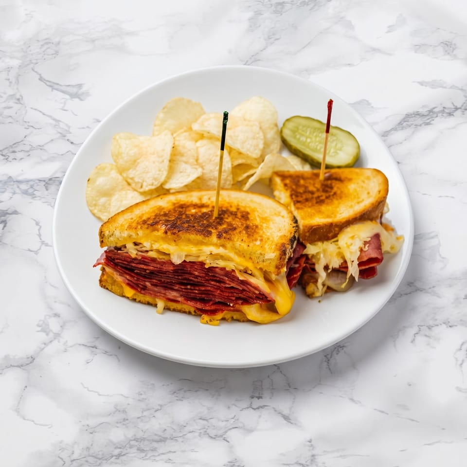 A grilled Reuben sandwich, cut in half, with chips and a pickle spear on a white plate.
