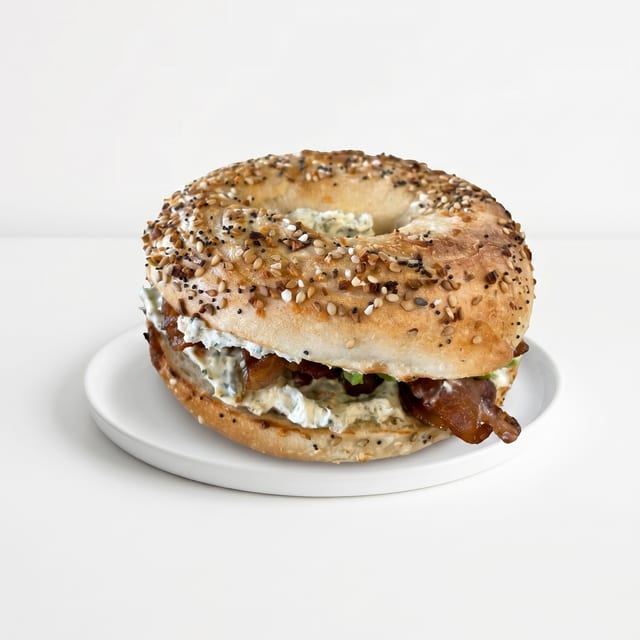 Bagel with Flavored Cream Cheese, Bacon & Avocado.