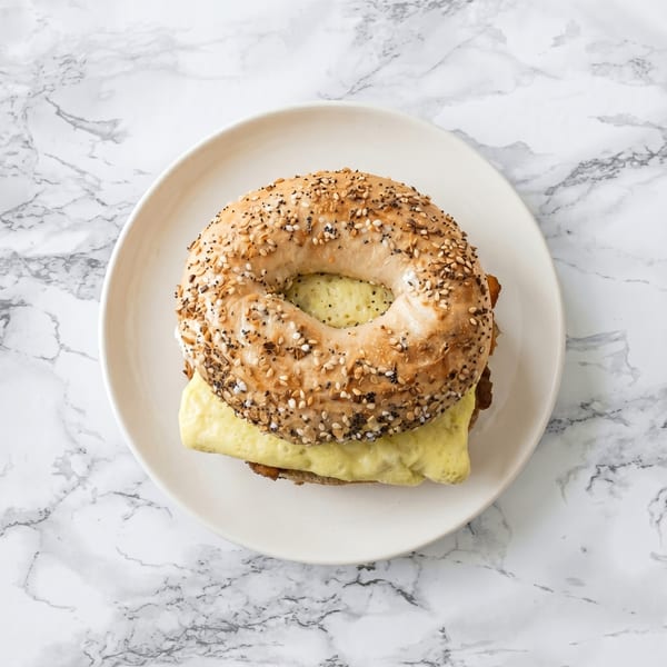 Everything bagel breakfast sandwich with egg and bacon on a white plate.