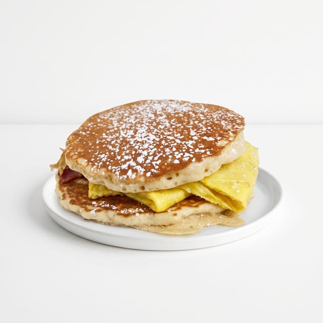 Meat, Egg & Cheese Breakfast Sandwich on French Toast or Pancake.