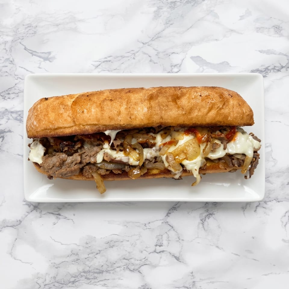 A delicious cheesesteak sandwich with melted cheese, onions, and sauce on a white plate.
