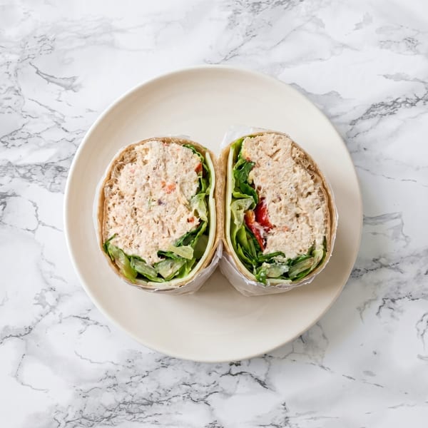 Two halves of a tuna salad wrap with lettuce and red peppers on a white plate.