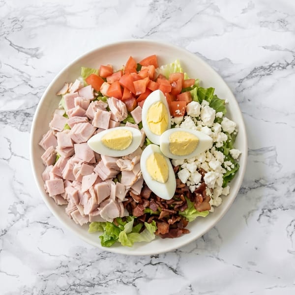 Overhead view of a Cobb salad with lettuce, turkey, tomatoes, hard-boiled eggs, bacon, and feta cheese.
