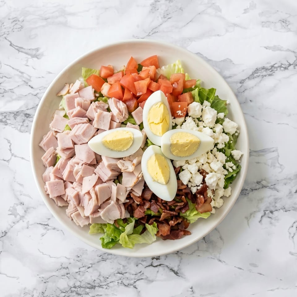 Overhead view of a Cobb salad with lettuce, turkey, tomatoes, hard-boiled eggs, bacon, and feta cheese.
